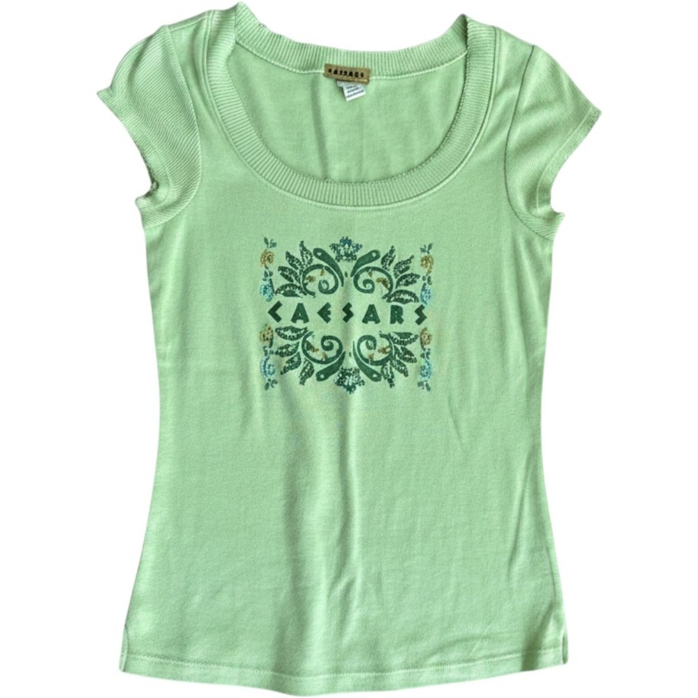Caesars Palace Y2K Graphic Tee Lime Green Sequin Cap Sleeve Baby Tee Large